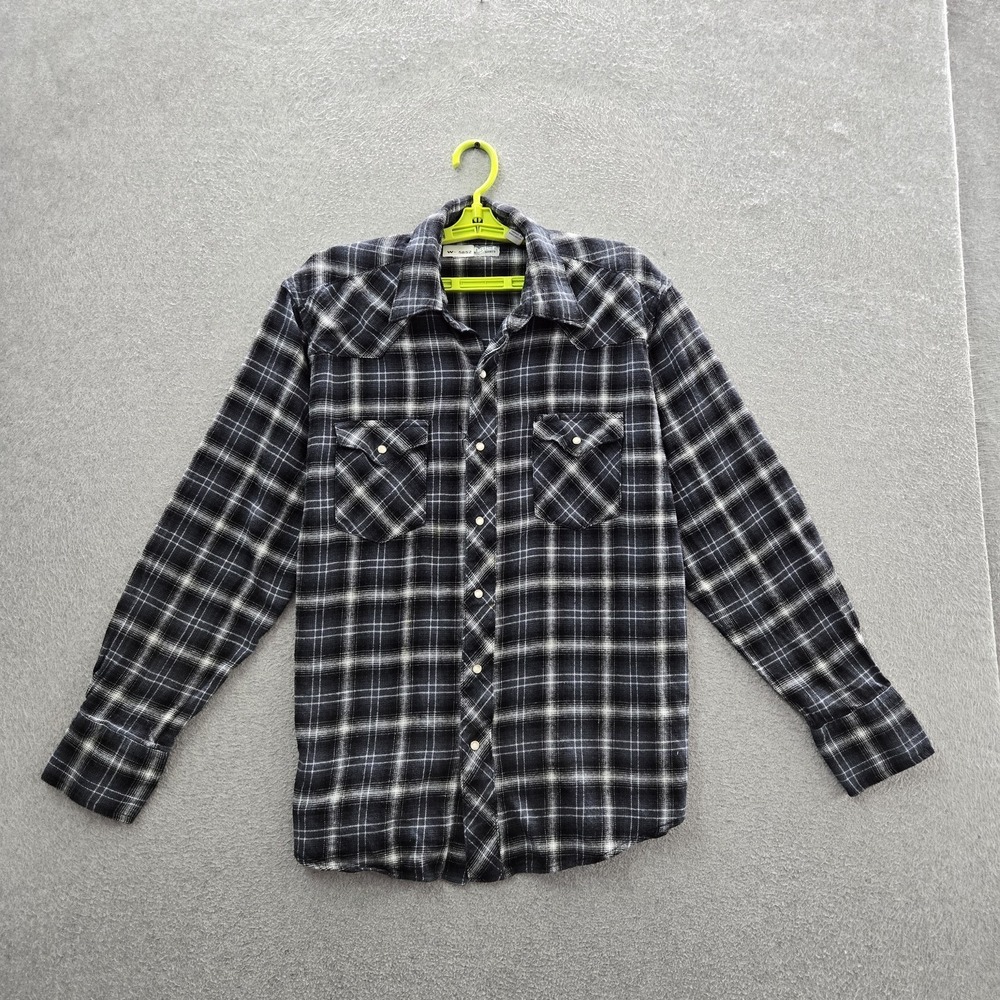Wrangler Men Button Up Shirt L Black Plaid Flannel Western Pearl Snap